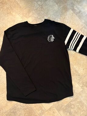 Black Long Sleeve Tee with White Stripe Sleeves and Embroidered Logo